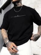 Baskılı Oversize Bisiklet Yaka T-shirt - Siyah resmi